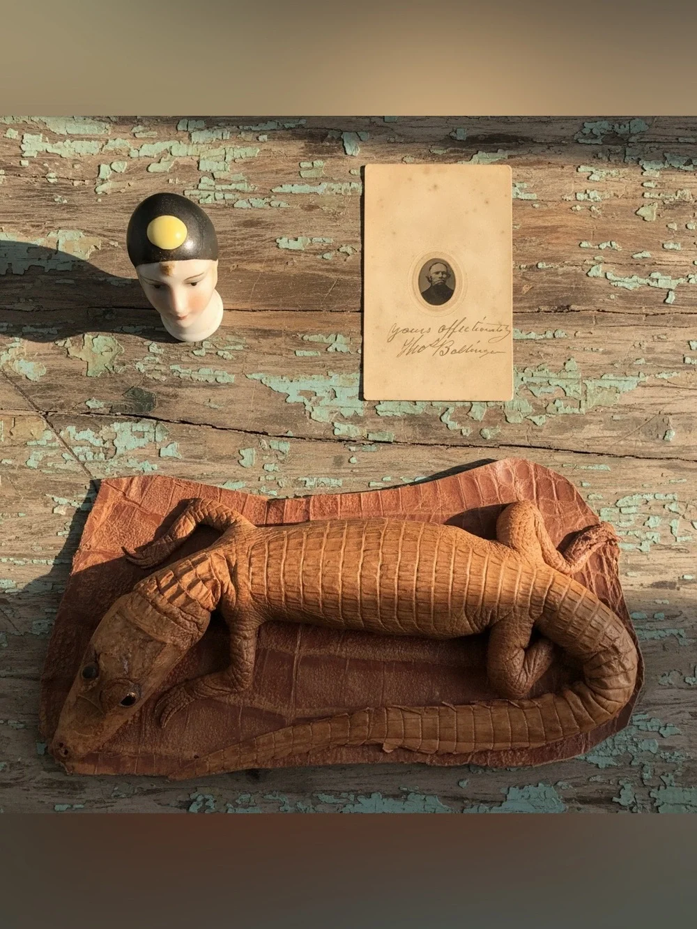 Vintage Oddities Lot, Alligator Taxidermy, Small Antique Photo English Doll Head